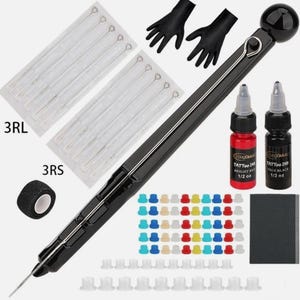 May include: A tattoo kit containing a black manual pen, two black gloves, two packs of needles labelled 3RL and 3RS, a roll of black cohesive bandage, two 0.5 oz bottles of tattoo ink in bright red and true black, and a set of colourful ink caps.