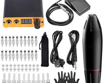 May include: A complete tattoo kit featuring a black and gold power supply with a digital display, a black tattoo pen, a foot pedal, and various needles, ink bottles, and accessories. Includes black gloves and a black carrying bag.