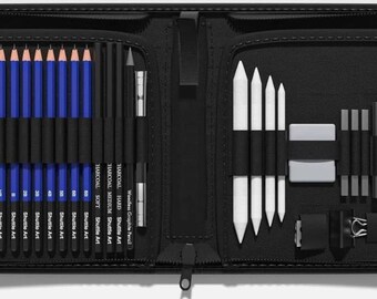 May include: Black zippered art supply case with pencils, charcoal sticks, blending stumps, erasers, and a sanding block. The pencils have blue barrels and orange tips. The case is open, displaying the art supplies.