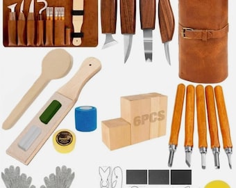 May include: A wood carving set with various tools, including knives, chisels, and a spoon. The set includes a leather carrying case, wooden blocks, gloves, and a roll of blue tape. The tools have wooden handles and metal blades.