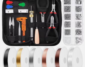 May include: A black zippered case containing jewelry-making tools, including pliers, scissors, and a ruler. A clear plastic organizer holds various metal findings. Spools of black, gold, silver, copper, brown, and clear beading wire are also visible.