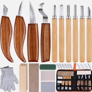 May include: A wood carving set with various knives and chisels, featuring wooden handles and sharp metal blades. Includes a protective case, gloves, and sharpening stones. The set is designed for detailed woodworking projects.