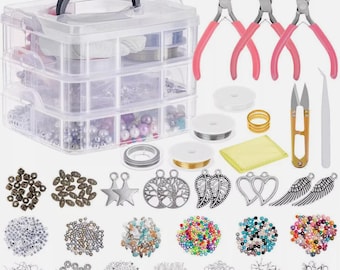 May include: A clear, three-tiered storage container filled with beads, pearls, and jewelry-making supplies. Pink-handled pliers, wire, and charms are arranged around the container, including star, leaf, and heart shapes. A complete jewelry-making kit.
