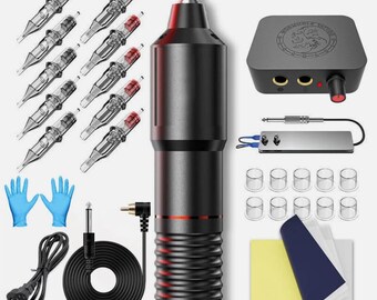 May include: A complete black tattoo machine kit. The kit includes a black rotary tattoo pen, power supply, foot pedal, clip cord, and various accessories like needles, ink cups, and blue gloves. The kit is designed for professional tattoo artists.