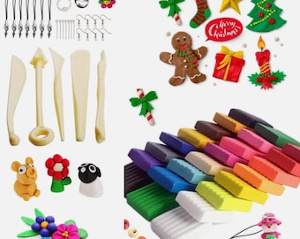 May include: A collection of craft supplies and Christmas-themed clay figures. Includes clay tools, colorful clay blocks, and miniature sculptures of a pig, sheep, flowers, and Christmas ornaments. A variety of jewelry findings are also present.