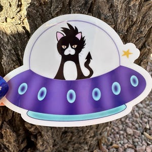 May include: A sticker featuring a black cat with a devil tail inside a purple and white UFO. The UFO has blue oval lights and a yellow star on the side. The cat has a grumpy expression.