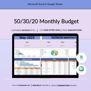50/30/20 Monthly Budget Spreadsheet – Excel & Google Sheets Budget Planner | 70/20/10 Digital Budget Template  Personal Finance Tracker