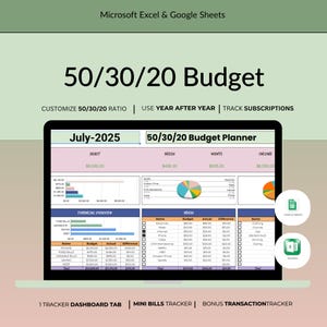 50/30/20 Budget Planner Excel Budget Spreadsheet Google Sheets Monthly Paycheck Budget Tracker Weekly Expense Budgeting Finance Spreadsheet