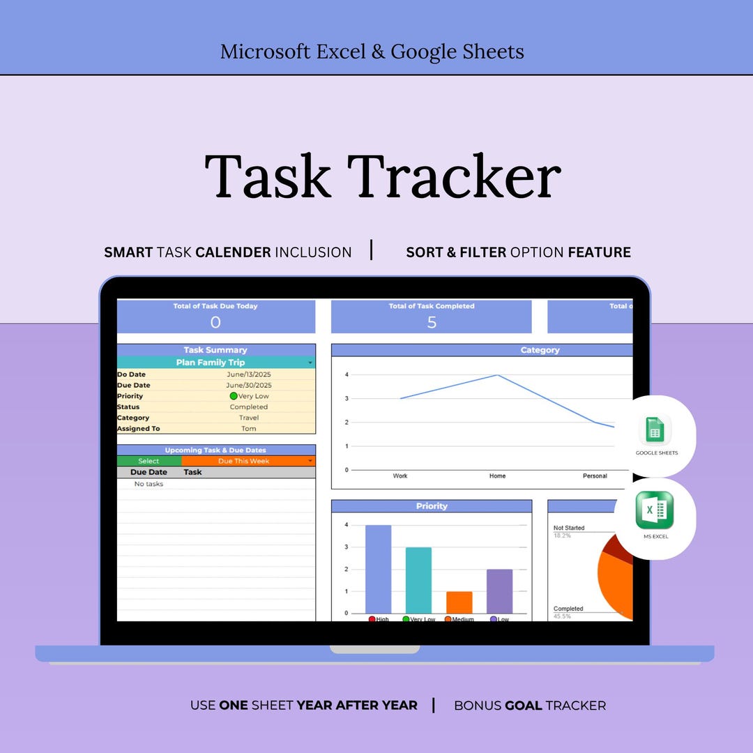 Task Tracker Excel Spreadsheet To-do List & Task Manager Productivity ...