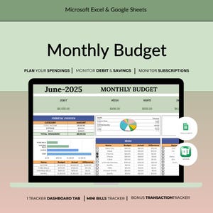 Monthly Budget Spreadsheet Excel Google Sheets | Budget Dashboard Finance Tracker Personal Planner Bill Calendar Template