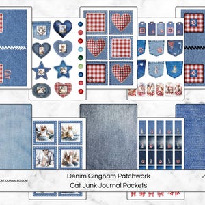 Denim Gingham Patchwork Katt Junk Journal Fickor – Digitala nedladdningsbara utskrifter