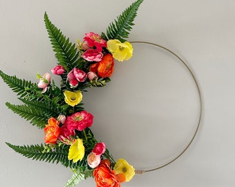 Tropical Floral Wreath, Brightly Colored Wreath, Pink and Orange Wreath, Hoop Wreath, Summer Wreath, Hot Pink Flowers, Zinnia Wreath,