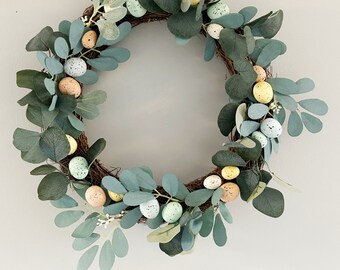 Easter Egg Wreath, Spring Front Door Wreath, Easter Wreath, Pastel Wreath, Eucalyptus Spring Wreath, Easter Decor, Easter Greenery Wreath,