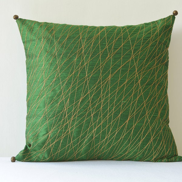 Festive Green Silk Pillow Cover with Copper Stitch Detail , Green & Copper Silk Pillow Cover, Green Decor Pillow Cover , Green Cushion Cover