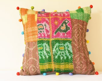 Bright Vintage Sari Patchwork Cushion Cover with Parrot Motif, Recycled Kantha Pillow in Bright Colours & Pom Pom , Pillow with Elephant