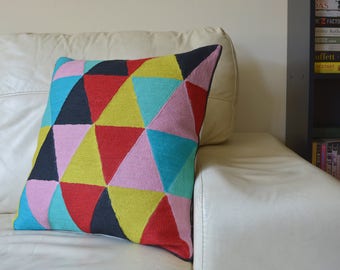 Triangles Multi Colour Embroidered Wool Cushion Cover, Bold Triangles Embroidered Pillow Cover, Bright Embroidery on Cotton Pillow Cover