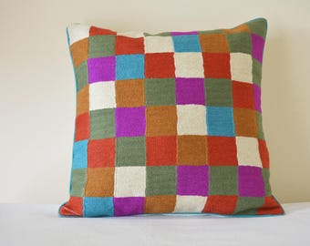 Multi Colour Embroidered Wool Cushion Cover, Bold Embroidered Retro Squares Pillow Cover, Graphic Woolen Embroidery on Cotton Pillow Cover