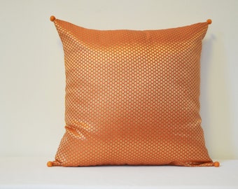 Festive Burnt Orange and Gold Brocade Pillow Cover , Orange Brocade Cushion Cover , Orange Decor Pillow Cover , Bright Orange Indian Pillow