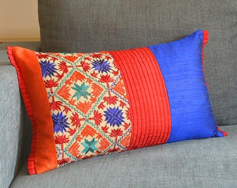 Bright Blue, Red and Orange Hand Embroidered and Patchwork Pillow Cover , Bright Phulkari Patchwork Cushion Cover , Bright Patchwork Lumbar