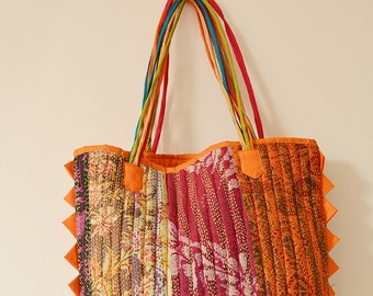 Vintage Kantha Bag with Multi Color Strings & Orange Edge Detail, Hand Crafted Silk Kantha Tote Bag with Quilting, Bright Fabric Bag