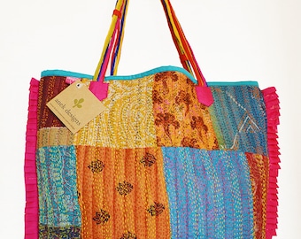 Vintage Kantha Shopping Bag with Multi Color Strings & Pink Edge Detail, Hand Crafted Silk Kantha Tote Bag with Quilting , Bright Fabric Bag