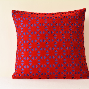 Red and Blue Geometric Velvet Pillow Cover , Geometric Velvet Cushion Cover , Red Velvet Throw Pillow , Lase Cut Geometric Velvet Cushion image 1