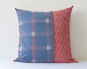 Blue and Red Woven Ikat Pillow with Graphic Pattern , Cotton Ikat Cushion Cover with Stitch Details , Home Decor , Blue Ikat Pillow Cover