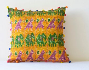 Yellow Ochre Vintage Kantha Pillow Cover with Potli Pom Poms All Around, Ochre Kantha Cushion Cover with Pom Poms , Kantha Decorative Pillow