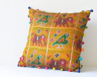 Yellow Ochre Vintage Kantha Pillow Cover with Potli Pom Poms All Around, Ochre Kantha Cushion Cover with Pom Poms , Kantha Decorative Pillow