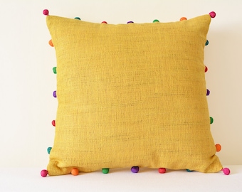 Cute Yellow Jute and Cotton Pillow with Multi colour Pom Poms , Yellow Cushion Cover with Pom Poms , Yellow Decor Pillow , Kids Rooms