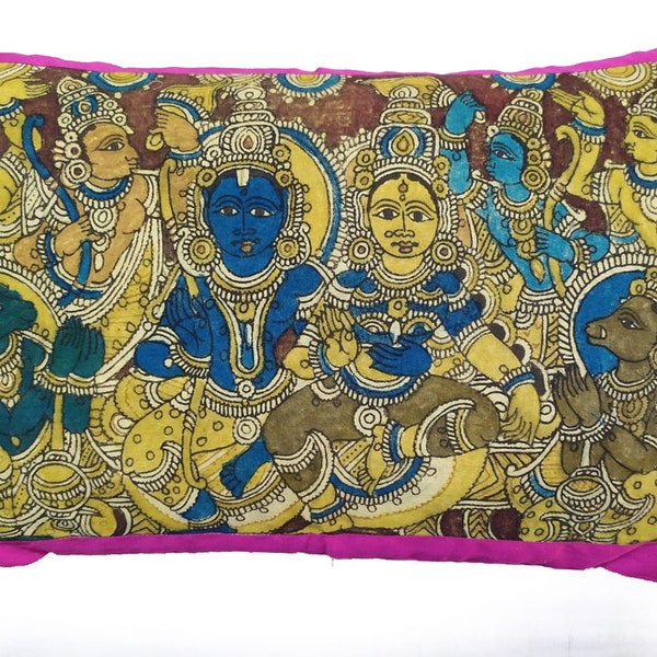 Hand Painted Kalamkari Cushion Cover depicting Lord Rama and Goddess Sita