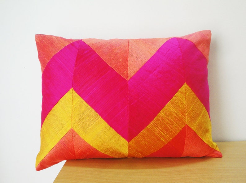 Pink & Yellow Chevron Lumbar Pillow in Dupioni Silk Decor Etsy