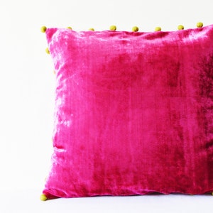 Pink Velvet Pillow with Pom Poms , Fuchsia Velvet Cushion Cover , Pink Decor Pillow , Velvet Throw Pillow , Velvet Cushion