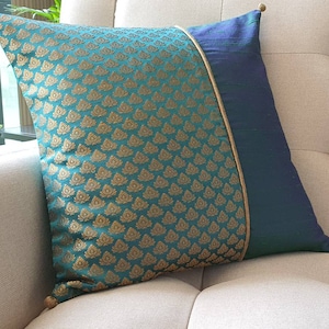Bright Teal and Gold Patchwork Brocade Pillow Cover , Teal Brocade Cushion Cover , Decor Pillow Cover , Teal Brocade Pillow