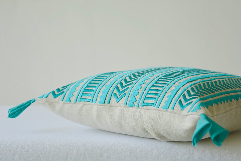 Turquoise Embroidery on Natural Cotton Linen Pillow Cover Etsy