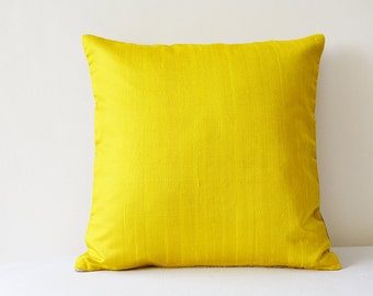 Canary Yellow Dupioni Silk & Natural Linen Reversible Pillow Cover in 16 x 16 inch Square , Bright Yellow and Natural Linen Accent Pillow