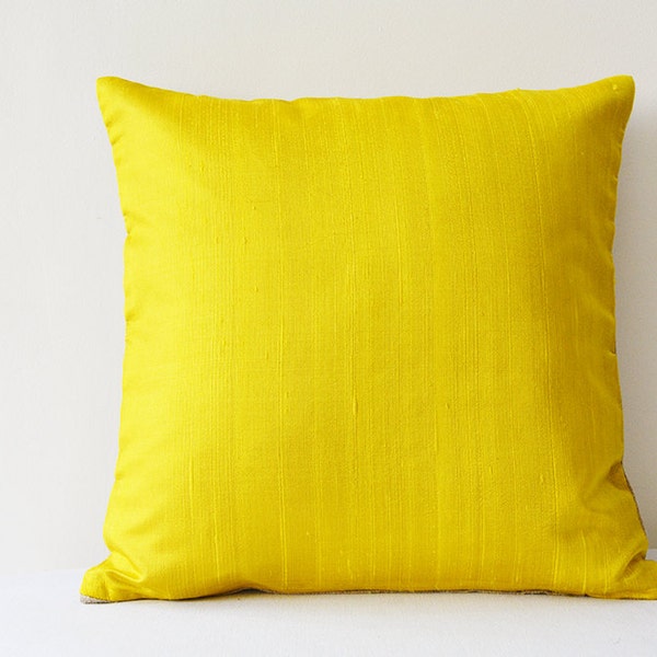 Canary Yellow Dupioni Silk & Natural Linen Reversible Pillow Cover in 16 x 16 inch Square , Bright Yellow and Natural Linen Accent Pillow