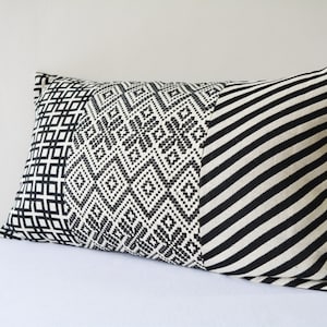 Patchwork Black and White Jacquard Lumbar Pillow Cover , Patchwork Geometric Pillow , Black & White Pillow , Housewares , Throw Pillow