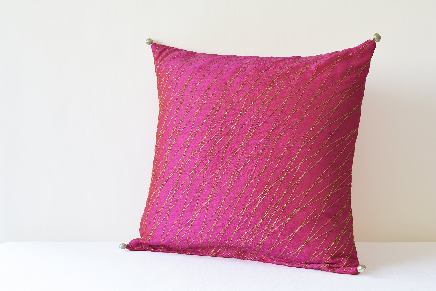 Festive Pink Silk Pillow Cover with Gold Stitch Detail Pink Etsy