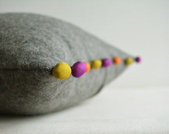 Dark Grey Felt Pillow Sham , Dark Grey Felt Floor Cushion , Felt Pillow with Pom Pom detail , Felt Decorative Pillow, Accent Throw Pillow
