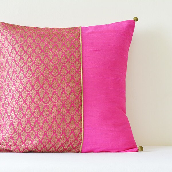 Beautiful Bright Pink Patchwork Brocade Silk Pillow , Pink Brocade Cushion , Housewares , Decor Pillow , Fuchsia Patchwork Indian Pillow