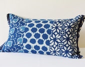 Quilted Cotton Block Printed Indigo Pillow Cover , Beautiful Blue Printed Pillow Cover , Patchwork Block Print Decorative Cushion Cover