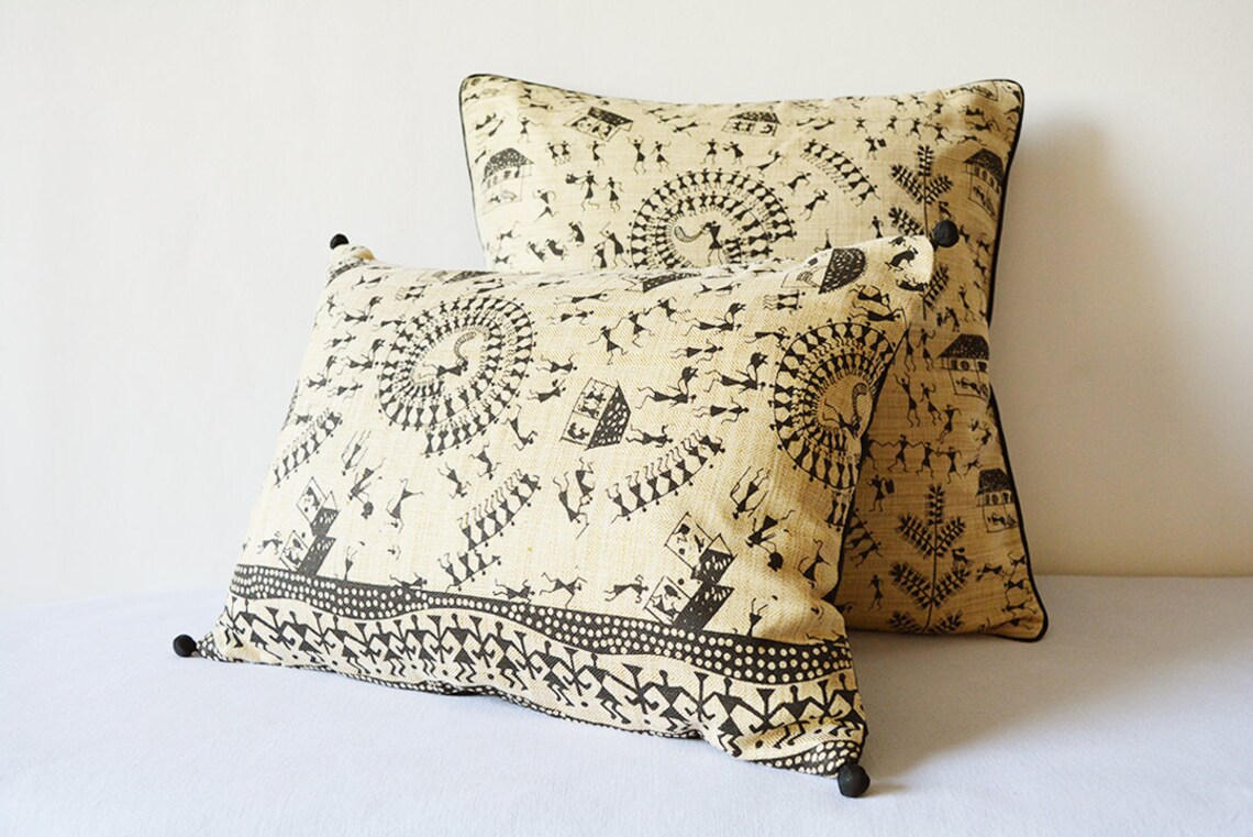 Black and Natural Warli Print Pillow Cover Printed Cushion Etsy