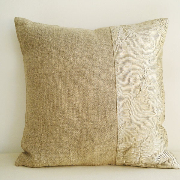 Linen and Pale Gold Beige Metallic Pillow Cover , Holiday Decor , Shimmer Pillow ,  Decorative Pillow , Throw Pillow , Cushion Cover