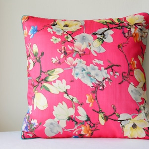 Spring Summer Florals, Pink Floral Print Pillow Cover , Hot Pink Floral Cushion Cover , Pink Decorative Pillow , Spring Cushion Cover image 1