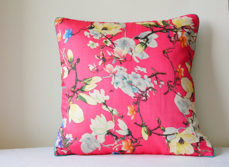 Spring Summer Florals, Pink Floral Print Pillow Cover , Hot Pink Floral Cushion Cover , Pink Decorative Pillow , Spring Cushion Cover image 1