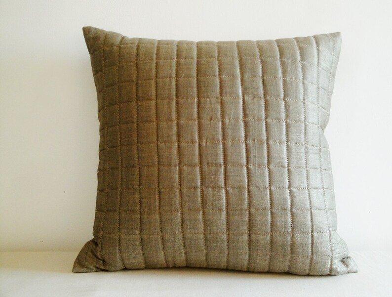 Quilted Linen and Silk Blended Pillow , Quilted Cushion Cover , Taupe Color Pillow , Warm Grey Linen Pillow image 1