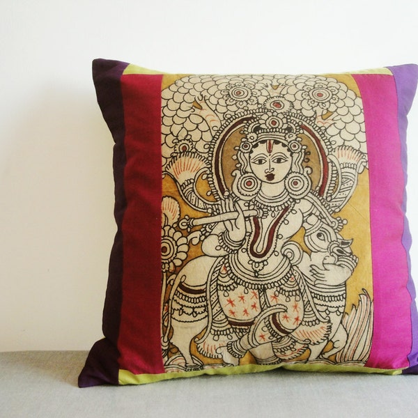 Hand Painted Kalamkari Cushion Cover depicting Lord Krishna