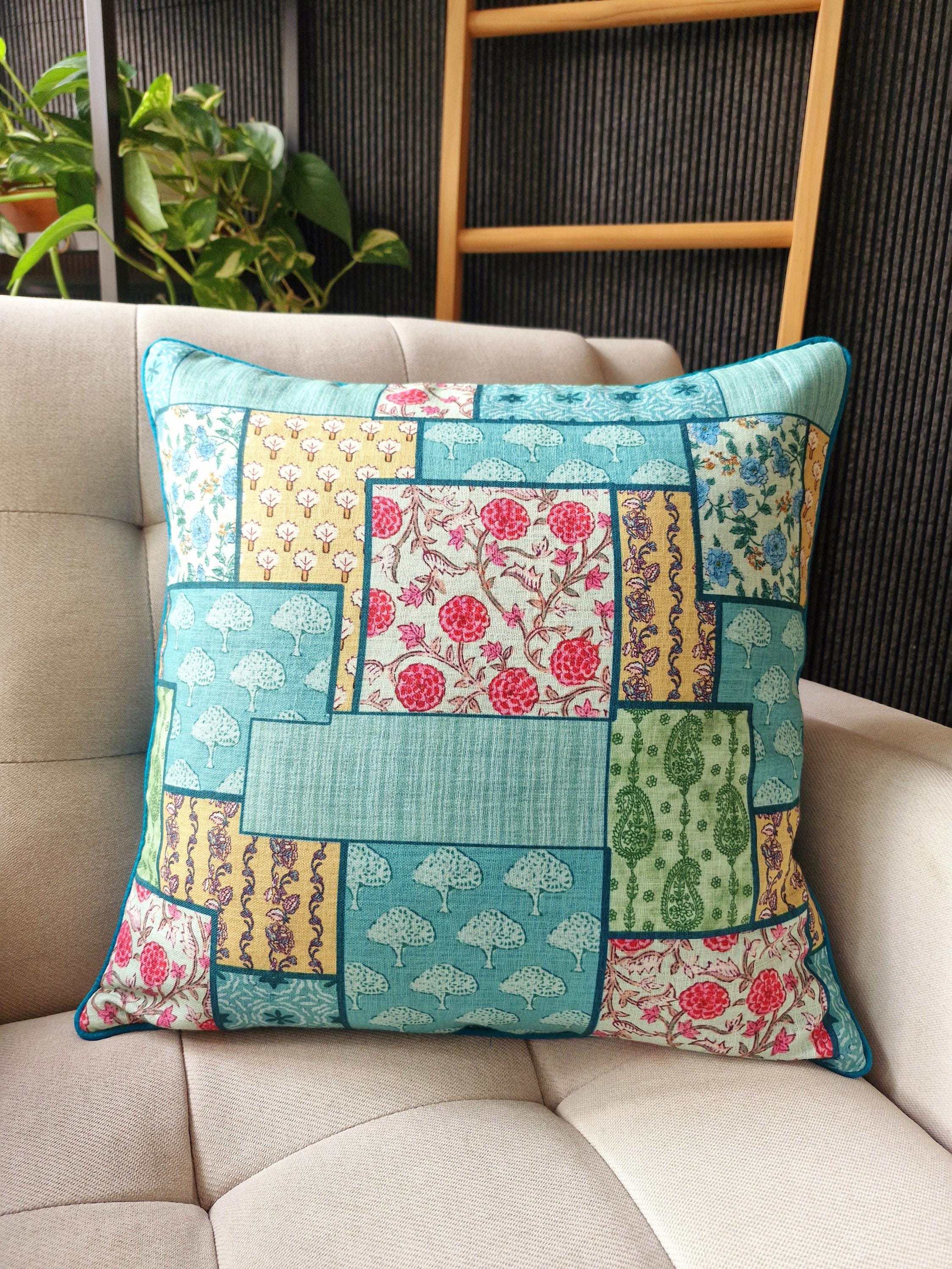 Multicolour Printed Cotton Linen Cushion Cover, Patchwork Print Pillow Cover, Indian Printed Decorative Pillow Cover