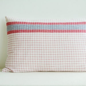 Traditinal Assamese Yarn Dyed Pillow Cover in Red n White Checks , Red & White Woven Stripes Lumbar Pillow , Christmas Decor , Holiday Decor image 1